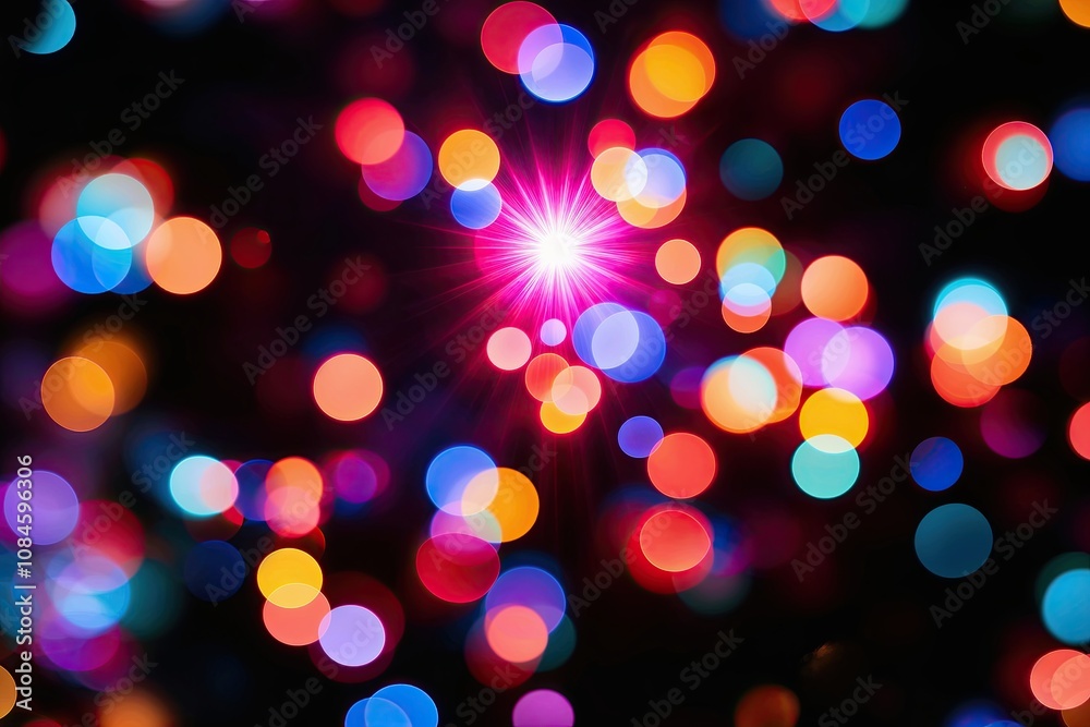 Vibrant Three-Dimensional Bokeh Explosion of Colorful Light in a Dark Setting Vibrant Three-Dimensional Bokeh Explosion of Colorful Light in a Dark Setting