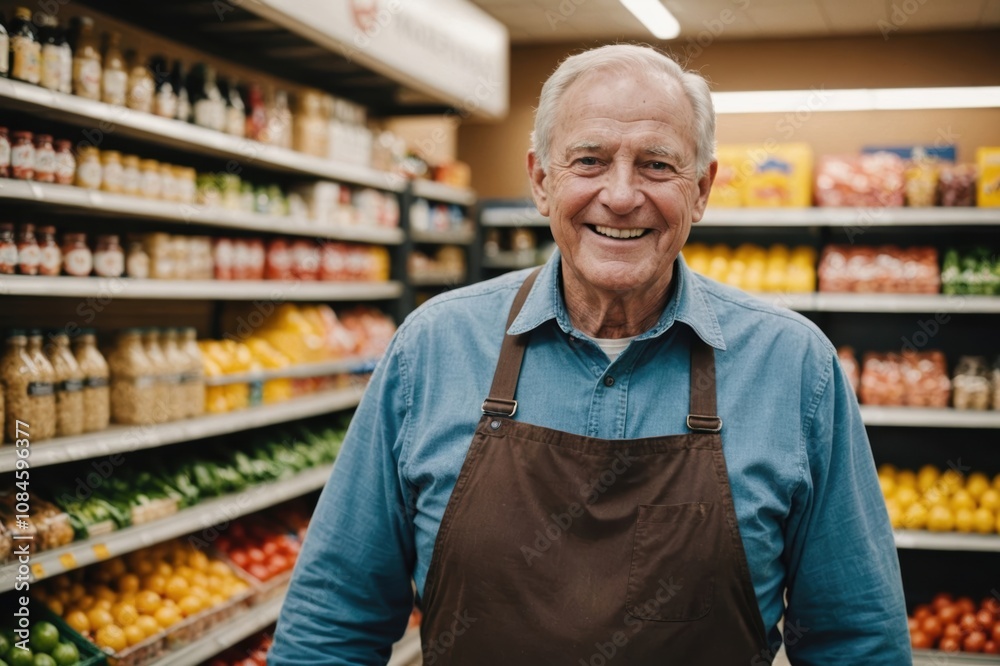 Close portrait of a smiling senior American male grocer standing and looking at the camera, American grocery store blurred background Close portrait of a smiling senior American male grocer standing and looking at the camera, American grocery store blurred background