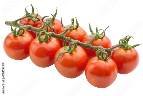 A bunch of fresh tomatoes growing on a branch against a clean white background