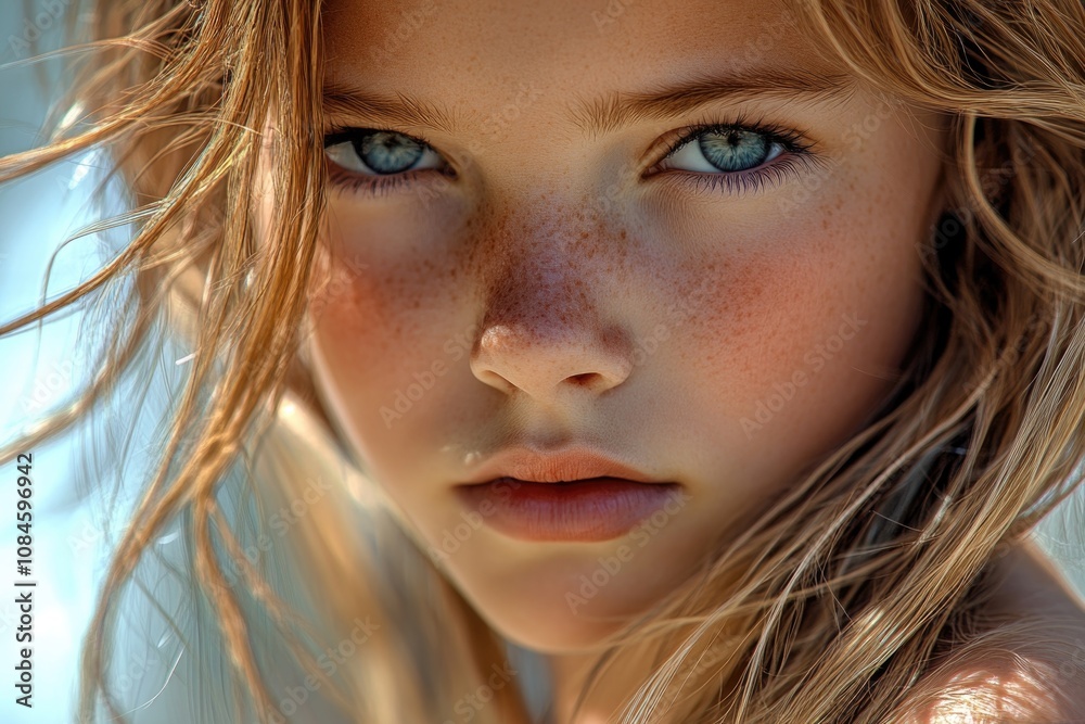 Portrait of a young girl with distinctive freckles, ideal for personal or editorial use Portrait of a young girl with distinctive freckles, ideal for personal or editorial use