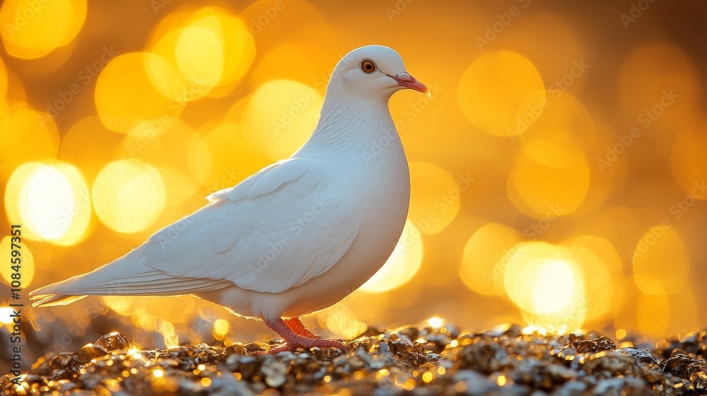 Serene white bird standing on shimmering golden background at sunset