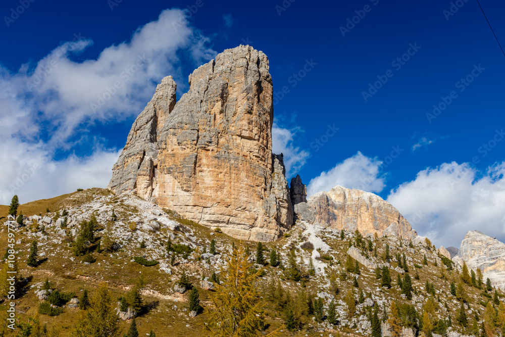 Cinque Torri mountain tower in the Dolomites group of distinctive rock towers offering dramatic alpine landscapes. Unique rock formations, rugged peaks, and scenic view Cinque Torri mountain tower in the Dolomites group of distinctive rock towers offering dramatic alpine landscapes. Unique rock formations, rugged peaks, and scenic view