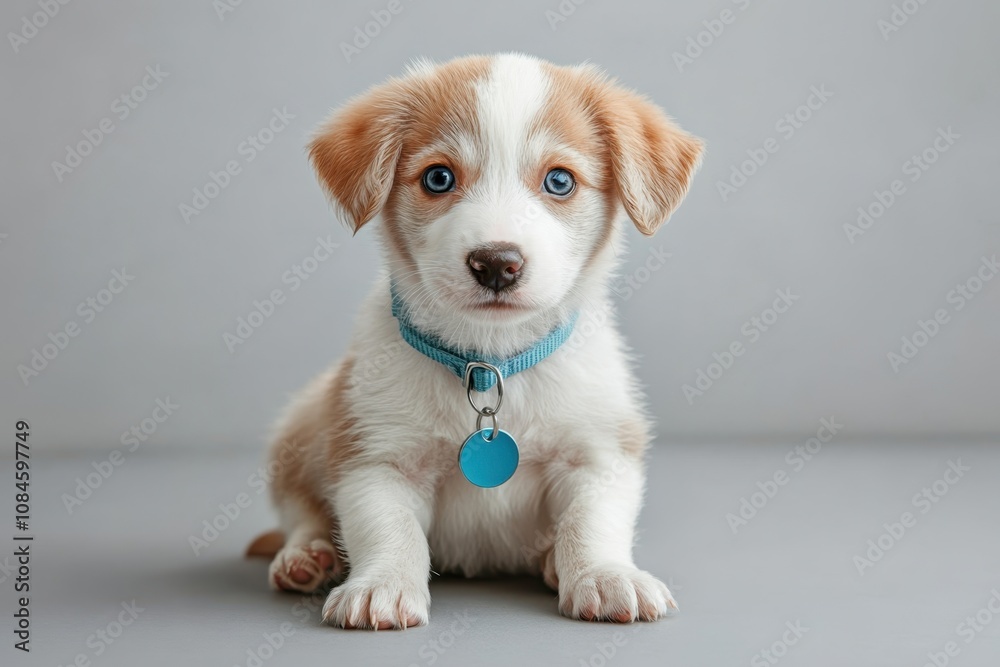 Adorable puppy with striking blue eyes and blue collar sitting against a gray background Adorable puppy with striking blue eyes and blue collar sitting against a gray background