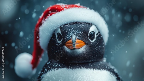 Adorable penguin wearing a festive christmas hat in the snow photo