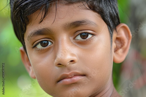 A portrait of a young boy with brown eyes, ideal for use in family or child-related projects