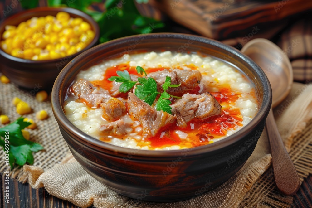A warm bowl of savory soup filled with tender meat and mixed vegetables, perfect for a comforting meal A warm bowl of savory soup filled with tender meat and mixed vegetables, perfect for a comforting meal