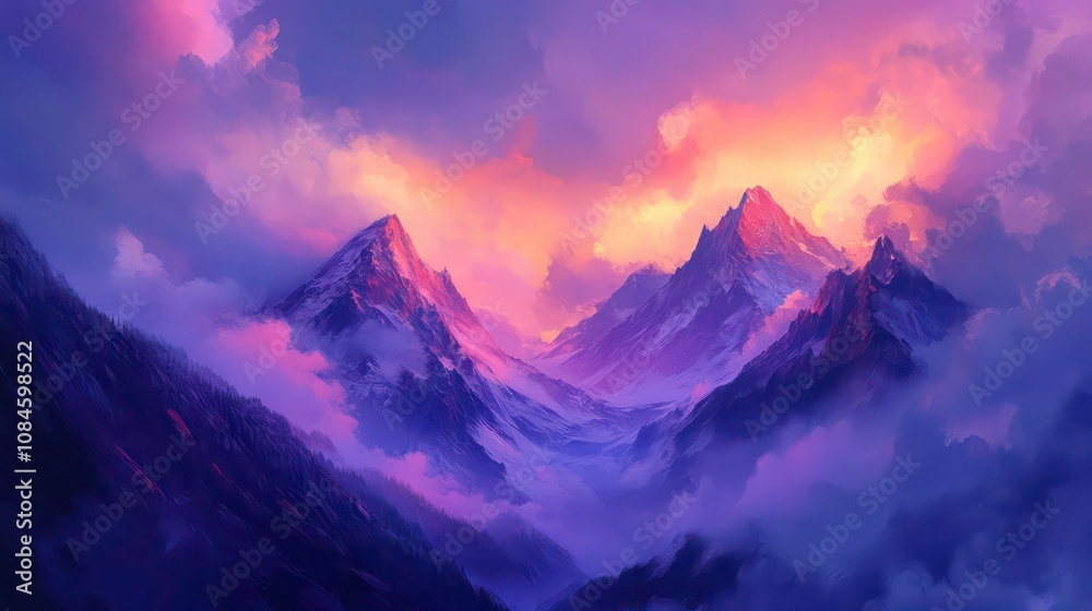 Obraz premium Breathtaking twilight landscape featuring majestic mountain peaks shrouded in ethereal colorful clouds Serene and peaceful atmosphere with a dramatic moody ambiance