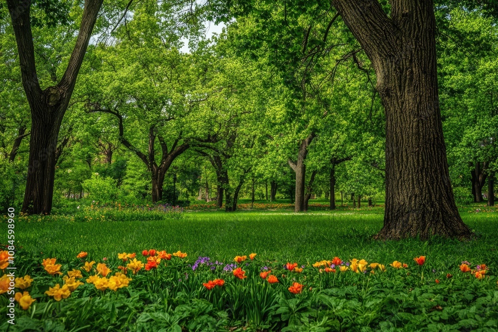 A serene park scene featuring a lush garden with various flowers and trees A serene park scene featuring a lush garden with various flowers and trees