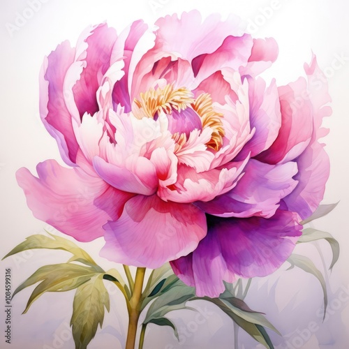 Beautiful watercolor illustration of blooming pink peony, featuring intricate details, vibrant colors, for greeting card, wedding print, decorative design element, gift wrap, print, mobile wallpaper.