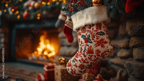 A red and white Christmas stocking hangs by a fireplace, with gifts and a cozy fire.