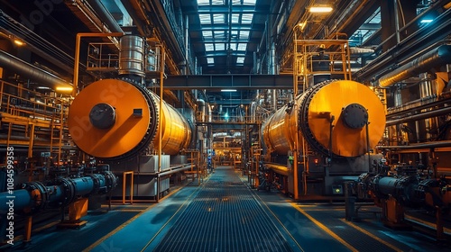 Industrial interior with large orange tanks and steel pipelines.