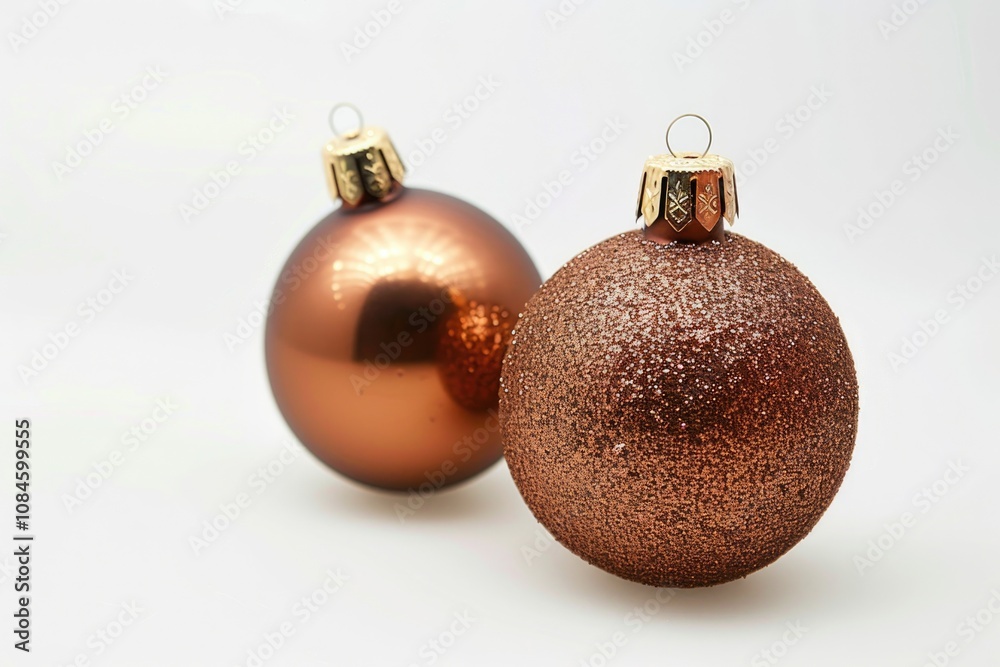 Two shiny Christmas ornaments on a white surface