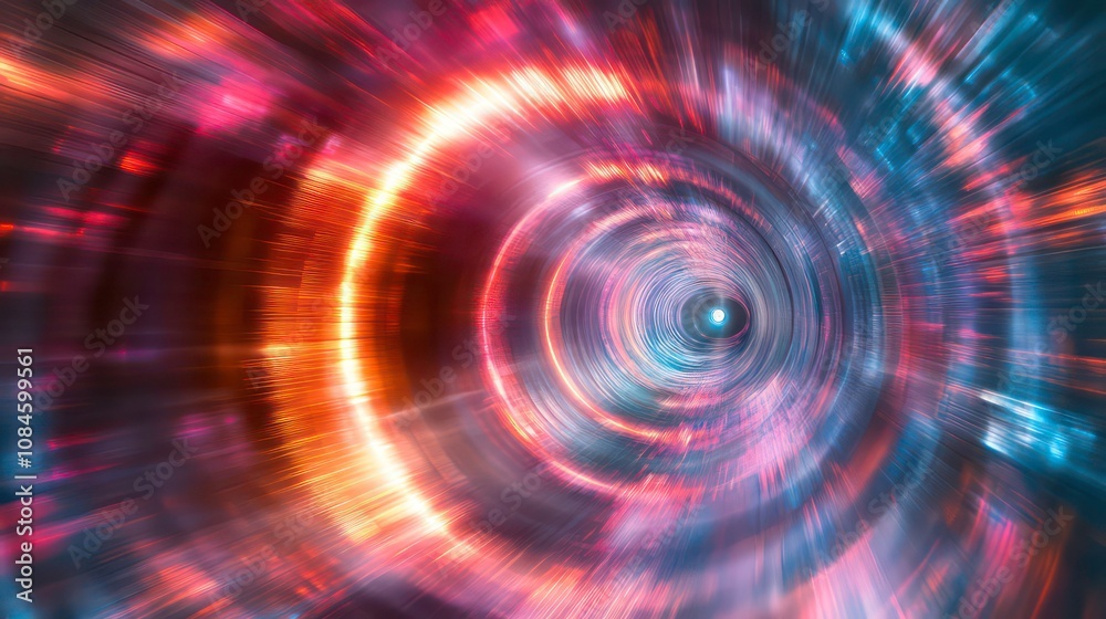 Obraz premium Breathtaking and mesmerizing abstract image of a cosmic tunnel filled with blurred motion streaking neon lights and radiant energy creating a dynamic and futuristic sci fi atmosphere
