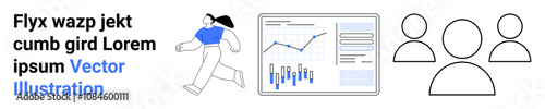 Woman in motion, graphical display of analytics, and team icons. Ideal for business analytics, team collaboration, performance tracking, data visualization, project management, teamwork enhancement