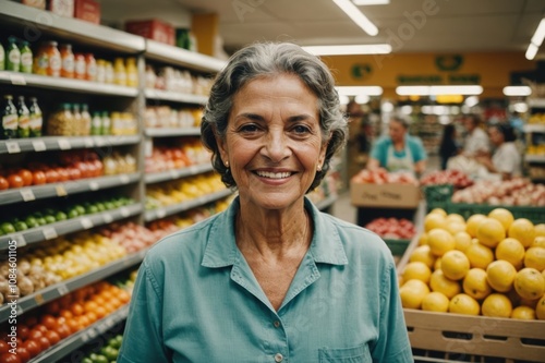 Close portrait of a smiling senior Brazilian female grocer standing and looking at the camera, Brazilian grocery store blurred background