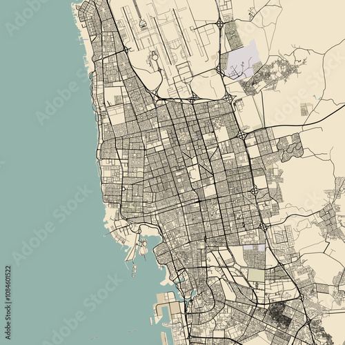 City labeled map of Jeddah, Saudi Arabia