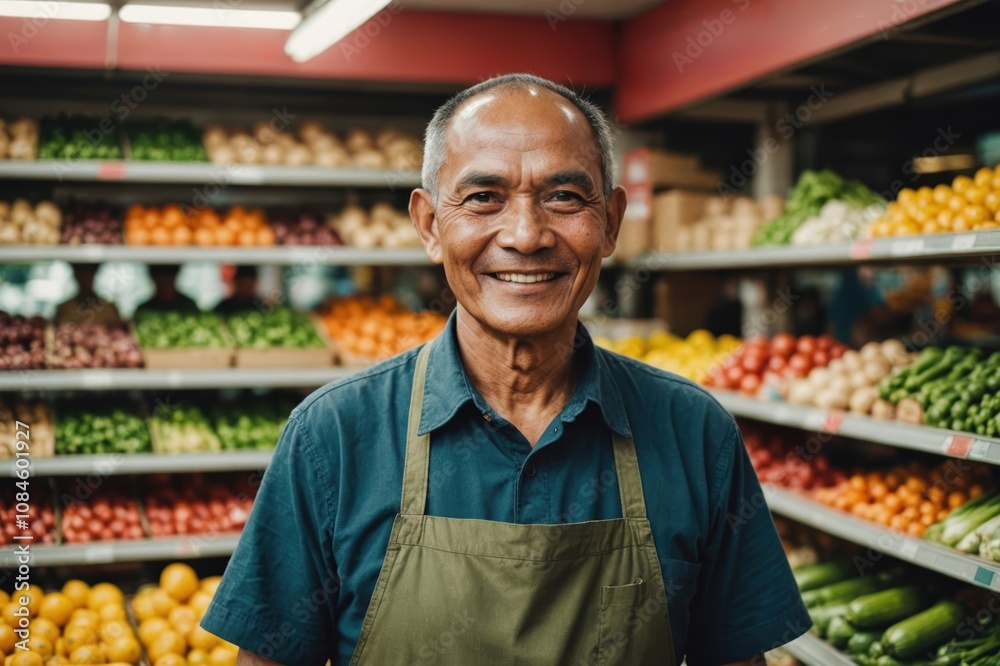 Close portrait of a smiling senior Burmese male grocer standing and looking at the camera, Burmese grocery store blurred background Close portrait of a smiling senior Burmese male grocer standing and looking at the camera, Burmese grocery store blurred background