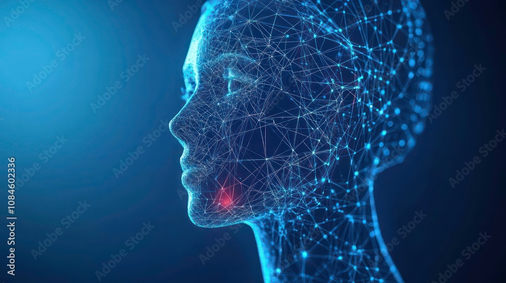 A wireframe profile of a human head with a single red dot on the cheek, representing a point of focus. A wireframe profile of a human head with a single red dot on the cheek, representing a point of focus.