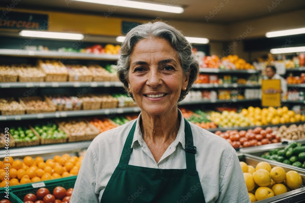 Close portrait of a smiling senior Cabo Verdean female grocer standing and looking at the camera, Cabo Verdean grocery store blurred background