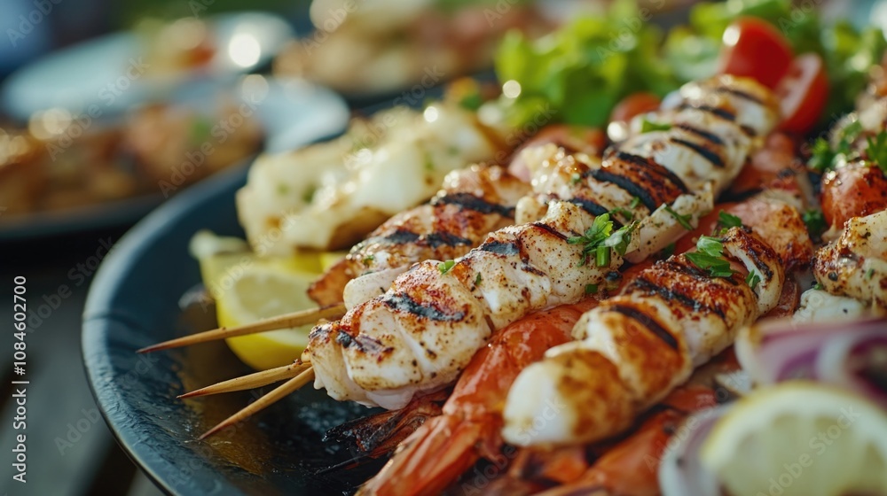 Freshly grilled shrimp served on a plate with skewers, ideal for food or restaurant photography Freshly grilled shrimp served on a plate with skewers, ideal for food or restaurant photography