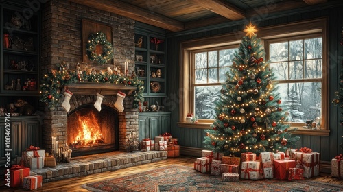 A cozy living room with a fireplace and a decorated Christmas tree.