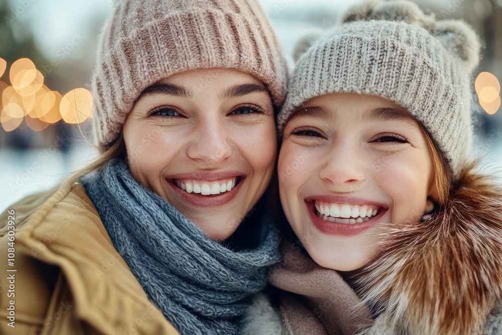 Two women wearing hats and scarves are smiling at the camera Two women wearing hats and scarves are smiling at the camera