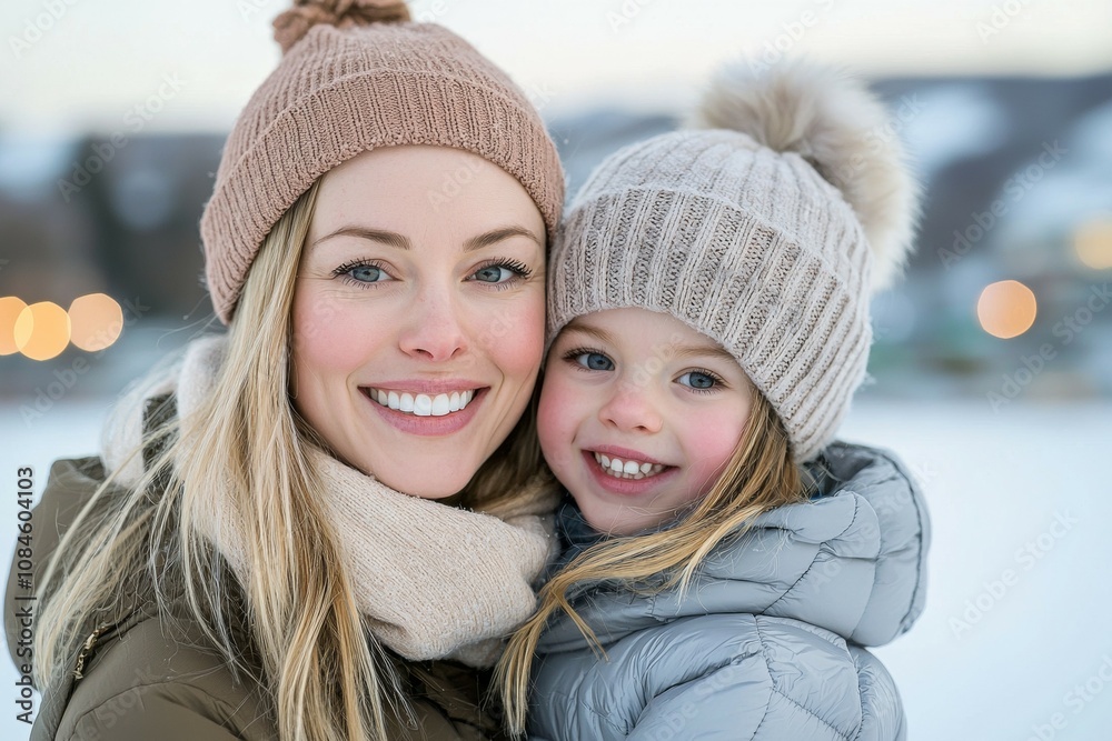 A woman and a child are smiling and wearing hats A woman and a child are smiling and wearing hats