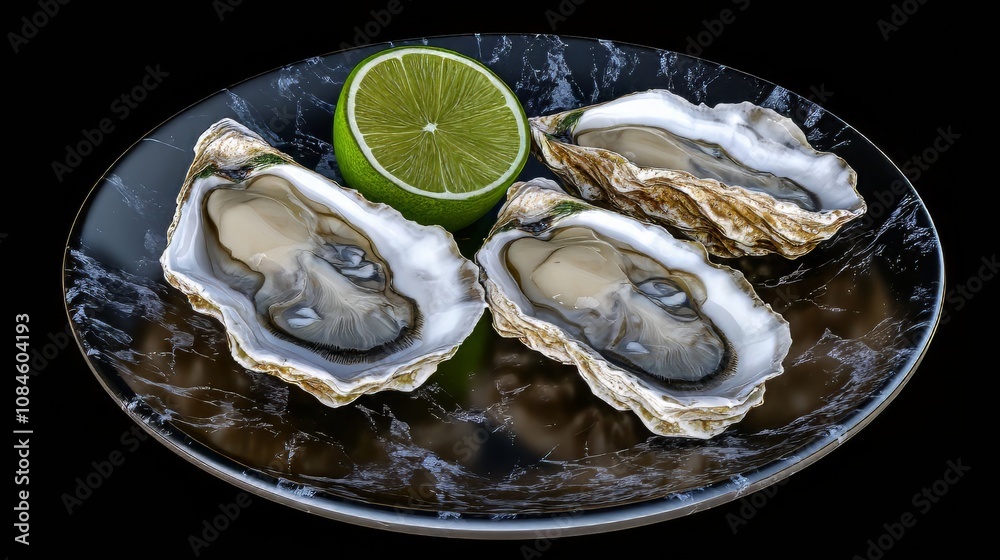 Fresh oysters with lime on a round plate. seafood dish. oyster on the half shell. restaurant menu, dieting, cookbook recipe. seafood. Ultra realistic. Photorealistic hypermaximalist advertising Fresh oysters with lime on a round plate. seafood dish. oyster on the half shell. restaurant menu, dieting, cookbook recipe. seafood. Ultra realistic. Photorealistic hypermaximalist advertising