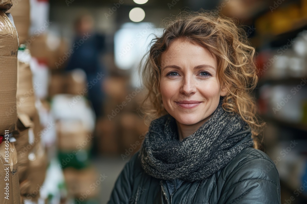 Smiling woman in a warehouse surrounded by stacked packages during the day Smiling woman in a warehouse surrounded by stacked packages during the day