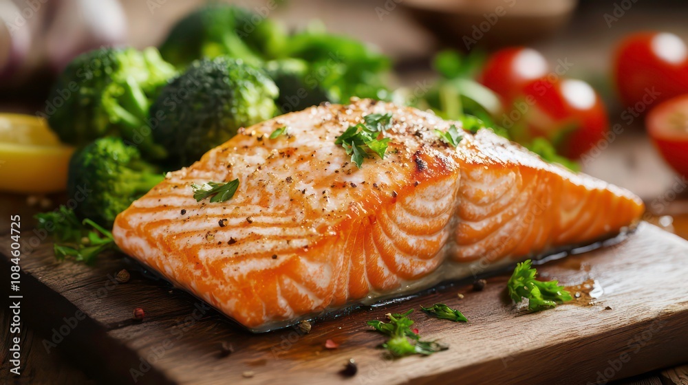 A close-up shot of a grilled salmon fillet on a wooden cutting board with broccoli and tomatoes in the background. A close-up shot of a grilled salmon fillet on a wooden cutting board with broccoli and tomatoes in the background.