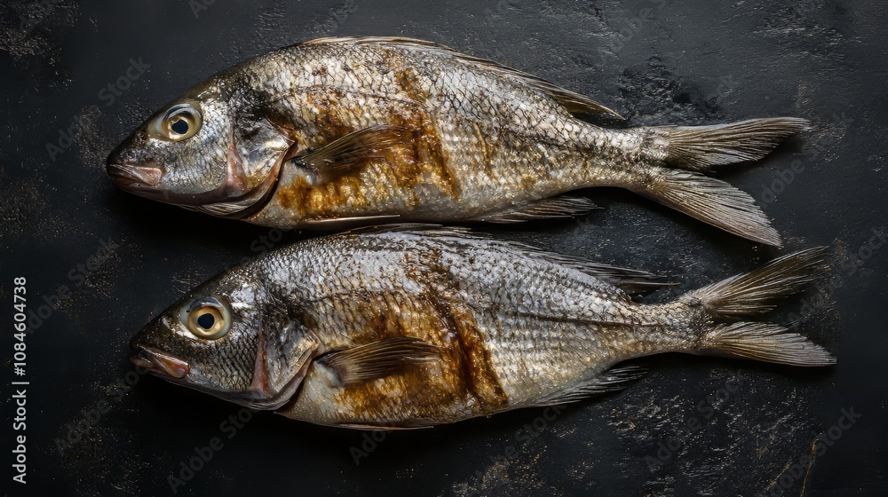 Fresh raw fish and seafood assortment on black slate background. top view. copy space. seafood. Ultra realistic. Photorealistic hypermaximalist advertising photography hyper realistic fine detail