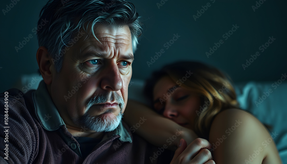 Obraz premium Sad mature man feeling guilty, thinking about cheating his wife, while his wife is snuggling to him isolated with white highlights, png