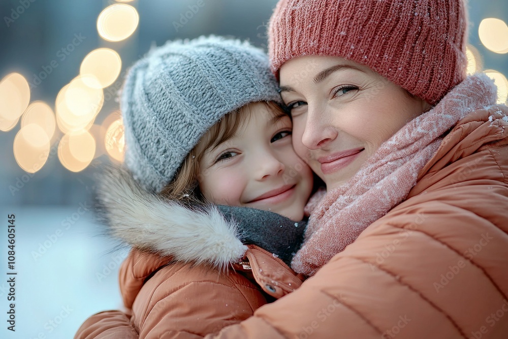 A woman and a child are hugging each other in the snow A woman and a child are hugging each other in the snow