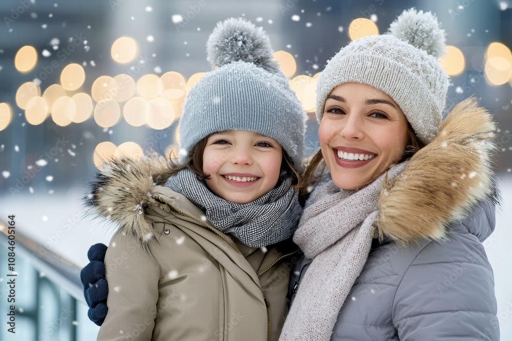 A woman and a child are smiling and wearing winter hats and scarves A woman and a child are smiling and wearing winter hats and scarves