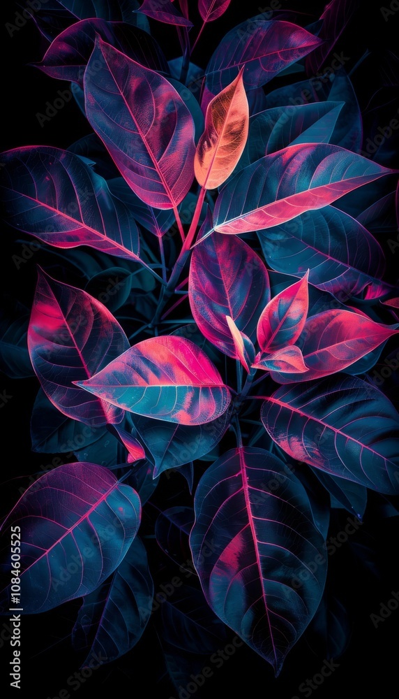 photo of tropical leaves in neon colors against a black background, highlighting electrifying hues photo of tropical leaves in neon colors against a black background, highlighting electrifying hues