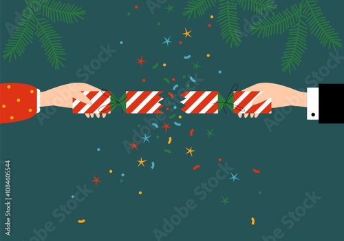 Party open cracker with confetti. Festive fun. Merry Christmas and Happy New Year. Open with serpentine sparkles. Festive fun. Broken Christmas cracker with streamers. Holiday petard flapper surprise