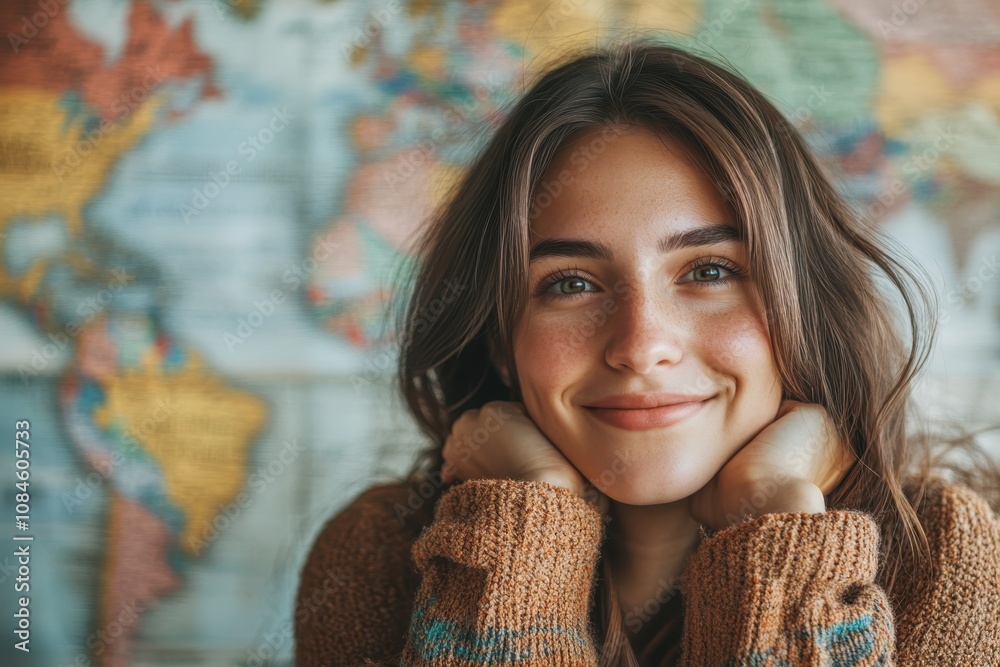 Young woman smiling with a world map backdrop in a cozy indoor setting during daylight
