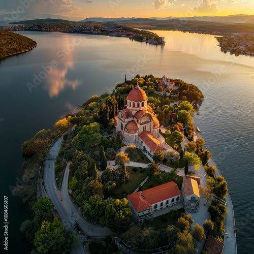 Aerial view of Vrelo Cetine, scenic lake, and the historic Vaznesenja Gospodnjeg church photo