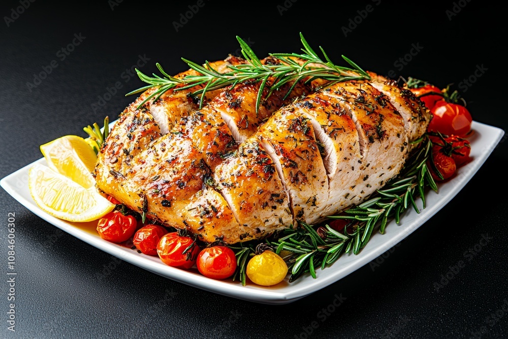 A plate of chicken with lemon slices and herbs on top A plate of chicken with lemon slices and herbs on top