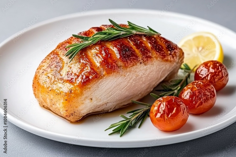 A piece of meat with lemon slices and rosemary on top of a white plate A piece of meat with lemon slices and rosemary on top of a white plate