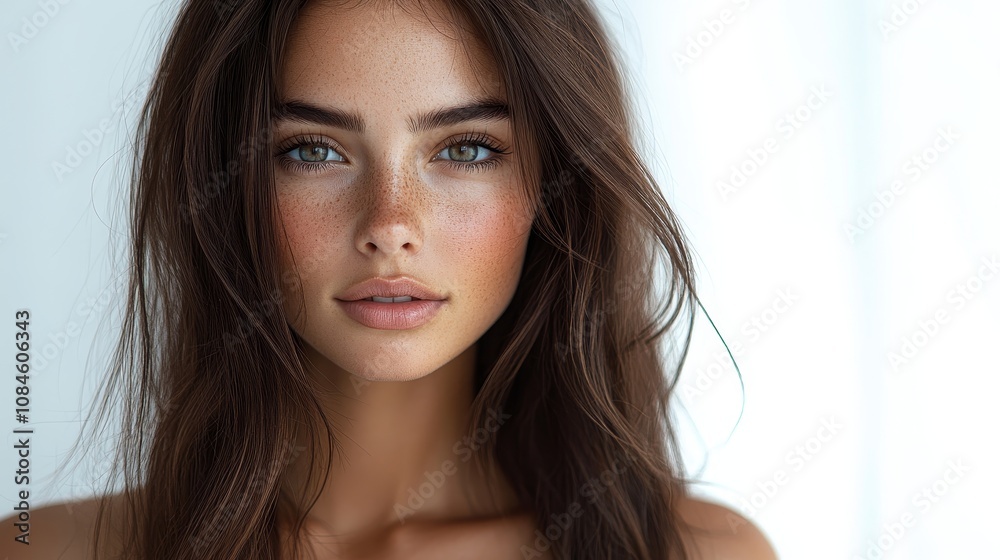Captivating young woman with long brown hair and striking green eyes showcasing natural beauty and a serene expression in soft light Captivating young woman with long brown hair and striking green eyes showcasing natural beauty and a serene expression in soft light