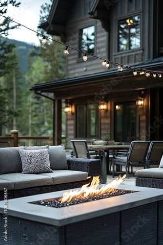 Cozy mountain home exterior designed for summer evenings with a fire table.