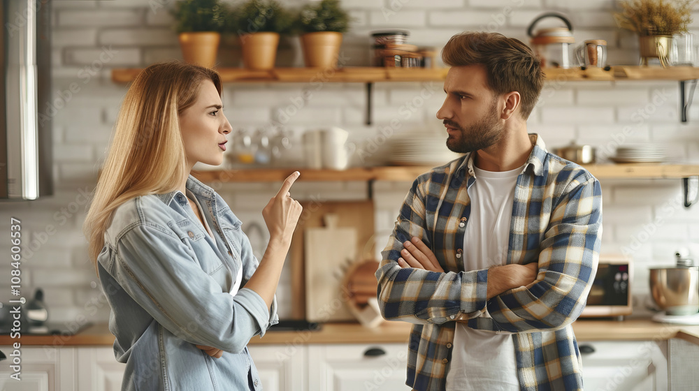 Caucasian couple engaging in a serious discussion in stylish kitchen setting. Concept of communication, relationships, conflict resolution, argument, relationship tension, conflict, and domestic life Caucasian couple engaging in a serious discussion in stylish kitchen setting. Concept of communication, relationships, conflict resolution, argument, relationship tension, conflict, and domestic life
