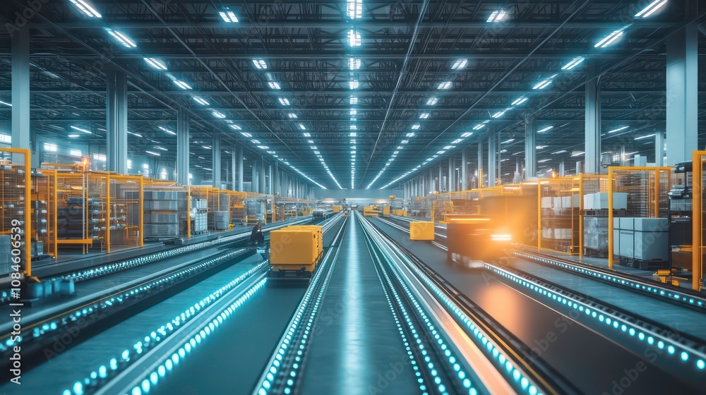 Fototapeta premium Automated conveyor belt system in a large warehouse with robotic carts.