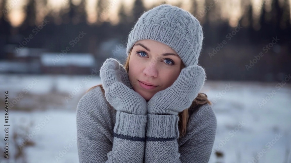 Cozy Winter Portrait: Young Woman with Blue Eyes in Knit Hat and Mittens Cozy Winter Portrait: Young Woman with Blue Eyes in Knit Hat and Mittens