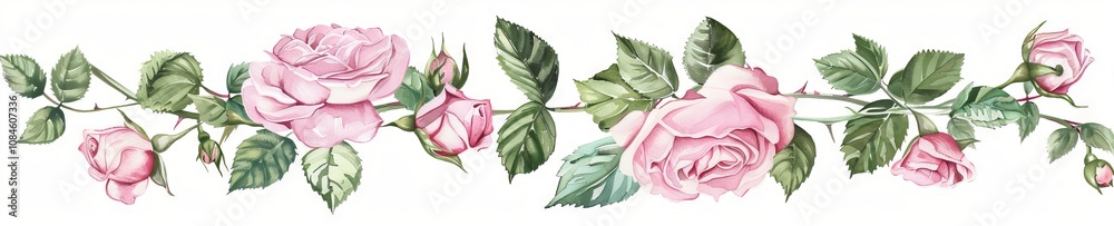 Delicate Watercolor Illustration of Pink Rose Garland with Lush Green Leaves on white background, Ideal for Romantic Garden Themes, Nature-Inspired Decor, and Floral Art Lovers. Banner Delicate Watercolor Illustration of Pink Rose Garland with Lush Green Leaves on white background, Ideal for Romantic Garden Themes, Nature-Inspired Decor, and Floral Art Lovers. Banner