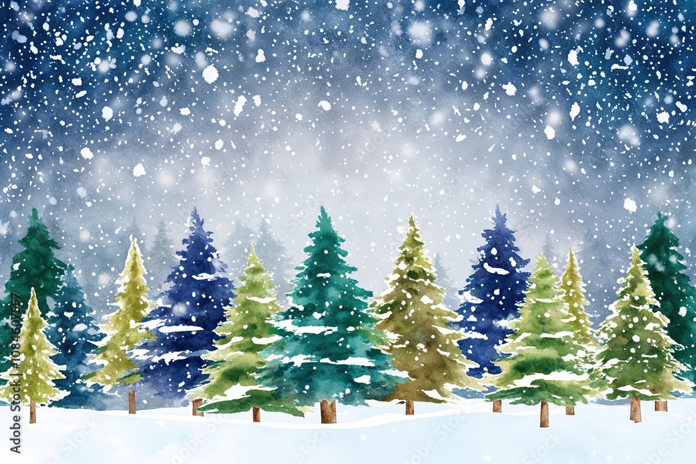 Obraz premium Joyful Winter Nature Landscape with Snowfall and Watercolor Trees