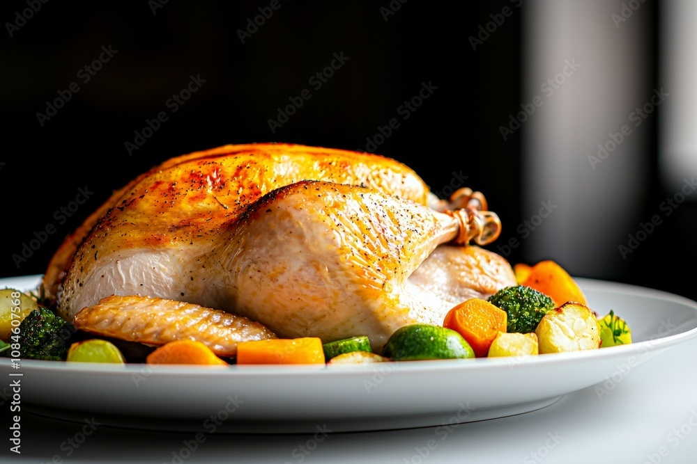 A roasted chicken with vegetables on a white plate A roasted chicken with vegetables on a white plate