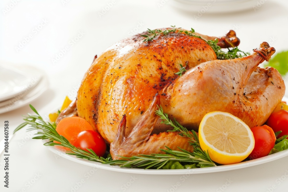 A large roasted turkey with lemon slices and tomatoes on a white plate A large roasted turkey with lemon slices and tomatoes on a white plate