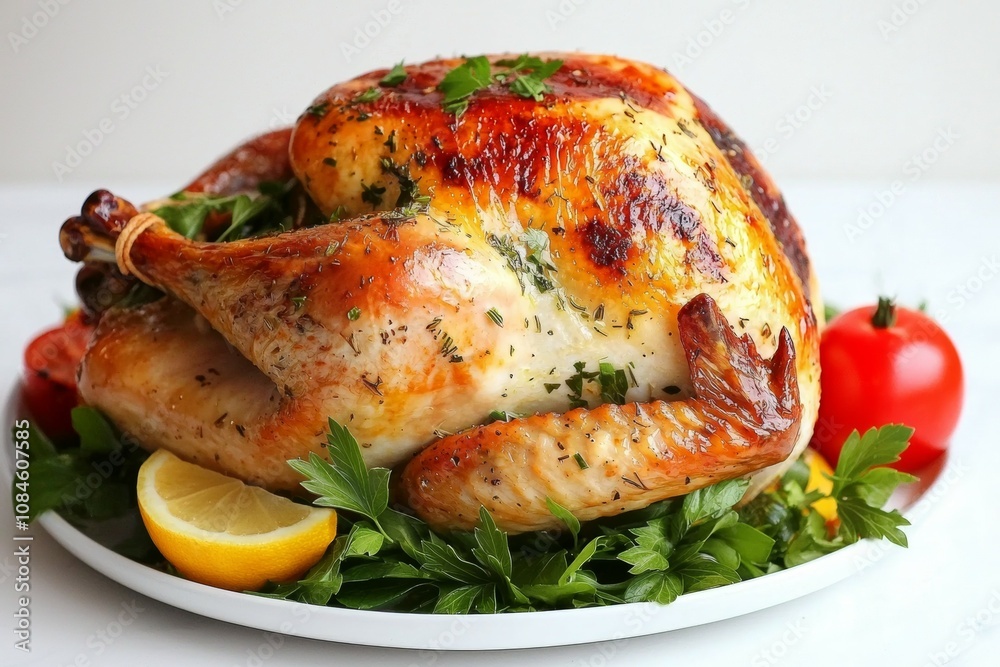 A large roasted turkey with lemon slices and parsley on top of a white plate A large roasted turkey with lemon slices and parsley on top of a white plate